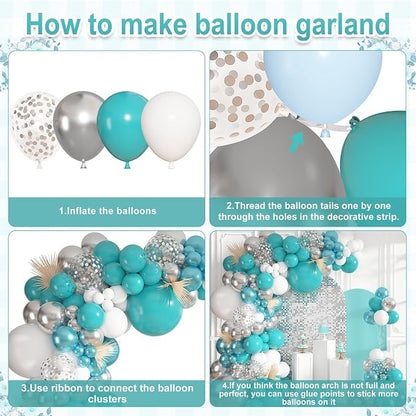 152Pcs Teal Silver White Balloons Arch Kit Different Size | Turquoise Blue - Image 7