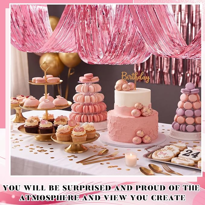 4 Pcs 15ft Pink Metallic Foil Ceiling Fringe Curtains, Party Decor Fringe Drapes - Image 5