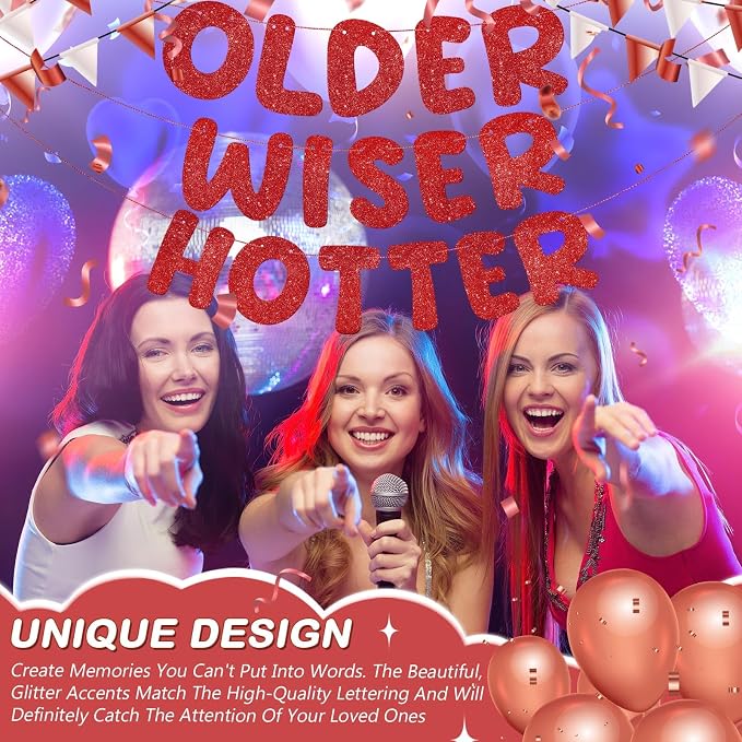 Fulmoon Set of 3 Pre Strung Older Wiser Hotter Glitter Banner Funny Birthday - Image 5