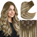 Ve Sunny Clip in Hair Extensions Real Human Hair Balayage Brown with Blonde Clip in Extensions for Women Real Hair Extensions Clip in Human Hair 14inch 100g