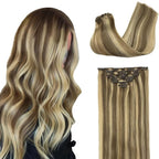 GOO GOO Clip in Hair Extensions Real Human Hair, Remy Human Hair Extensions Clip ins for Women, Natural Human Hair, 20inch 120g 7Pcs, 8A/22 Medium Brown Highlighted Golden Blonde