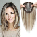 Human Hair Topper 12Inch 4x4.8inch Large Swiss Base with Thinning Hair (Ombre Light Brown with Blond Highlight)
