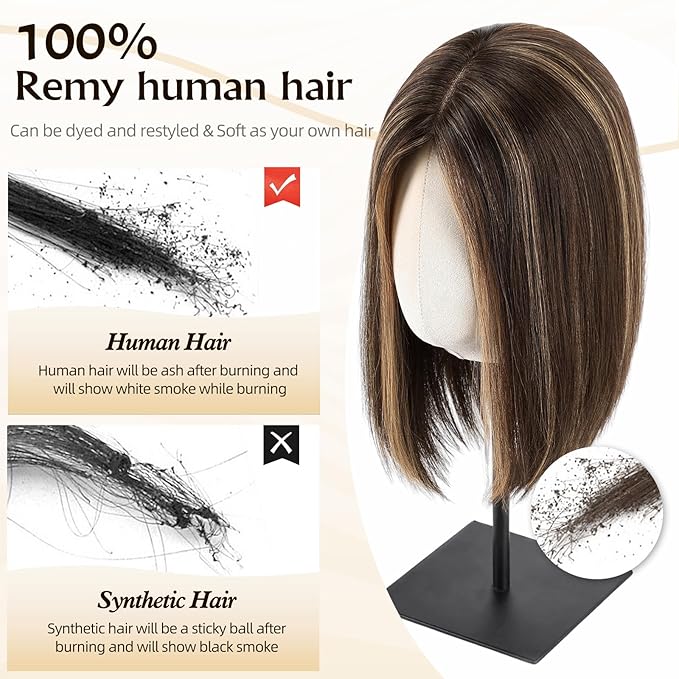 MONO TOP Hair Toppers for Women Human Hair 12 Inch 7"×8" Big Base Partial wig Cover Thinning Hair or Loss No Bangs Top Hair Pieces Natural Wiglets (Dark Brown Highlights)