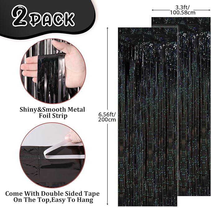 Voircoloria Laser Black Foil Fringe Backdrop Curtains, 2 Pack | Tinsel Streamers - Image 4