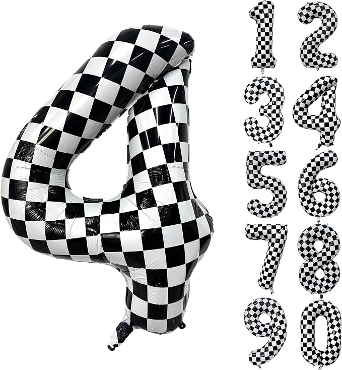 40 Inch Checkered Number Balloon 4 Black and White Number 4 Balloon Foil Helium by Yeodong