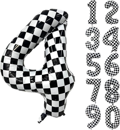 40 Inch Checkered Number Balloon 4 Black and White Number 4 Balloon Foil Helium by Yeodong