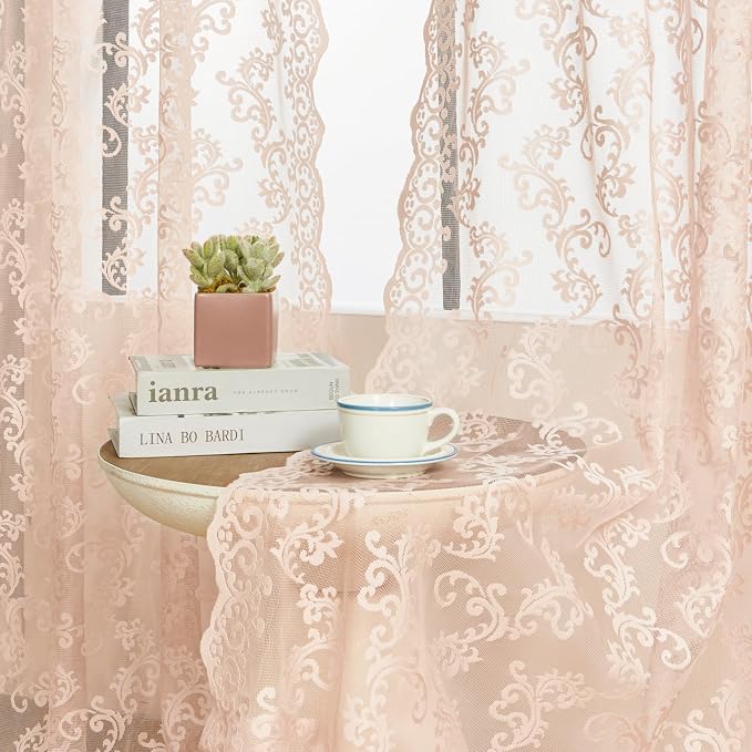 Blush Pink Lace Curtains 72 Inches Long 2 Panels Vintage French Floral Sheer - Image 4