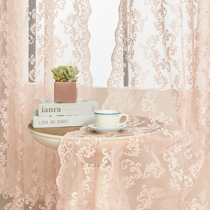 Blush Pink Lace Curtains 72 Inches Long 2 Panels Vintage French Floral Sheer - Image 4