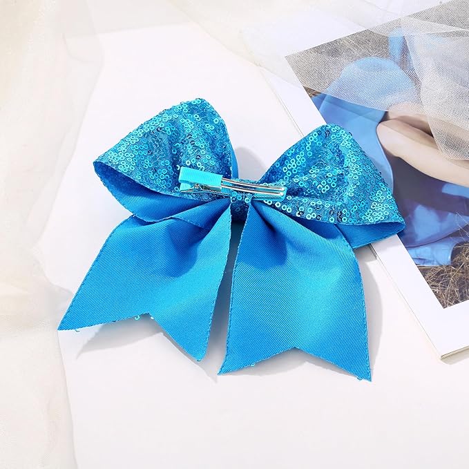 Large Big 7 Inch Glitter Bow Clip Sequin Bling Party Hair Accessories for Women Teens Girls Kids 2 Pcs (PeacockGreen, Blue)