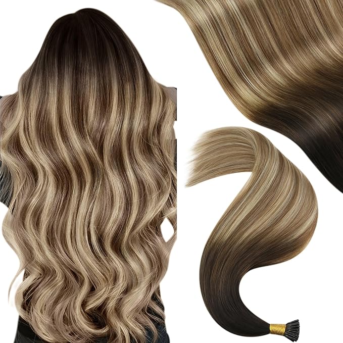 YoungSee Itip Hair Extensions Brown Balayage 24 Inch Keratin Itip Human Hair Extensions Ombre Dark Brown to Medium Brown with Blonde Itip Extensions Long Straight Hair 50g 50s