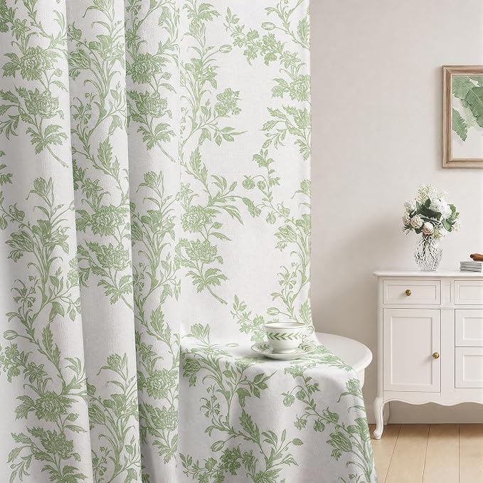 Sage Green Boho Floral 100% Blackout Curtains 84 Inch 2 Panels | Farmhouse by Unknown