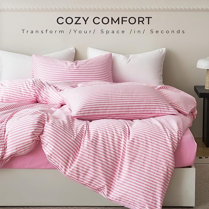 JELLYMONI 100% Natural Cotton Striped King Pillowcases Set, 2 Pack Pink Striped Pattern Printed Pillow Covers with Envelope Closure(Pillows are not Included)