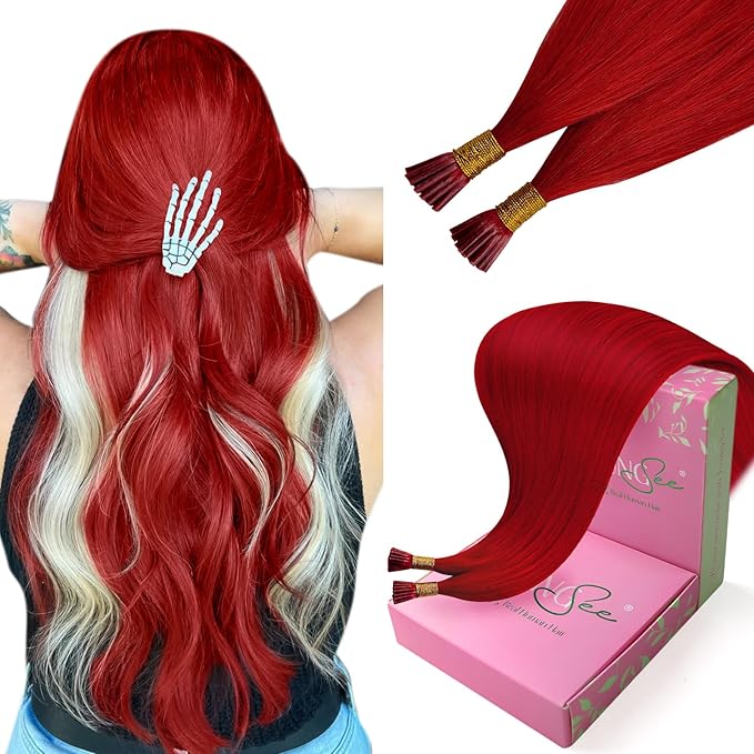 YoungSee Red Itip Human Hair Extensions 24 Inch Itips Hair Extensions Human Hair 25g Red Colored Hair Extensions Itips Long Hair for Girls Party Highlights 25 Strands