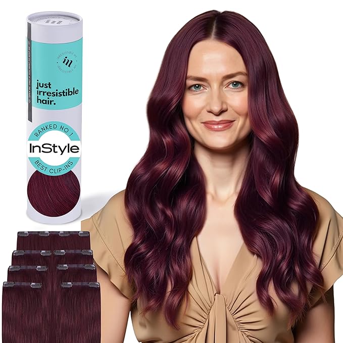 Irresistible Me Real Human Hair Extensions Clip Ins – 100% Human Hair Clip In Extensions for Length & Volume – Invisible Extension – Heat Resistant & Dyeable – Cherry Red, 20 Inches