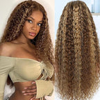 CYNOSURE 13x5 Honey Blonde Curly Wigs Human Hair 180% Density Highlight Ombre Deep Wave Curly 4/27 Colored HD Transparent Lace Front wig Human Hair Pre Plucked with Baby Hair 28 Inch