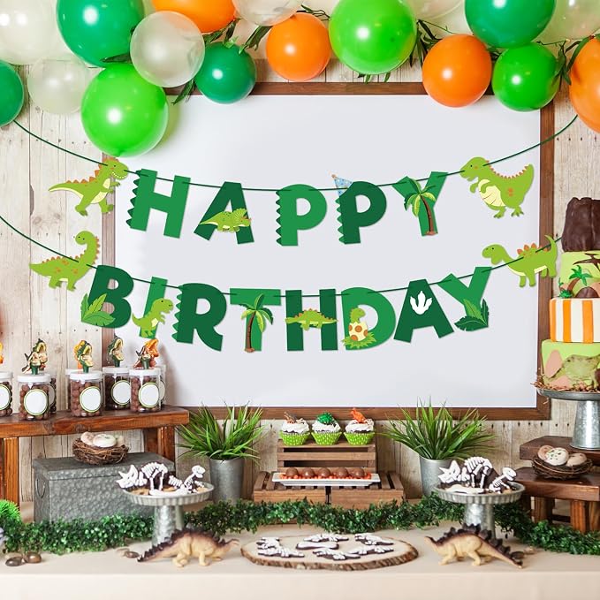 Dinosaur Happy Birthday Banner Cute Dinosaur Party Banner Green Dinosaur - Image 4