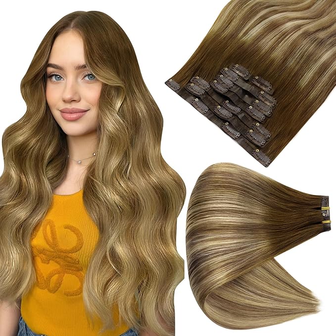 Full Shine Clip in Extensions Real Human Hair Brown Balayage Seamless Clip ins Medium Brown to Caramel Blonde and Brown Invisible Hair Extension Softness 20 Inch 8 PCS 120 G