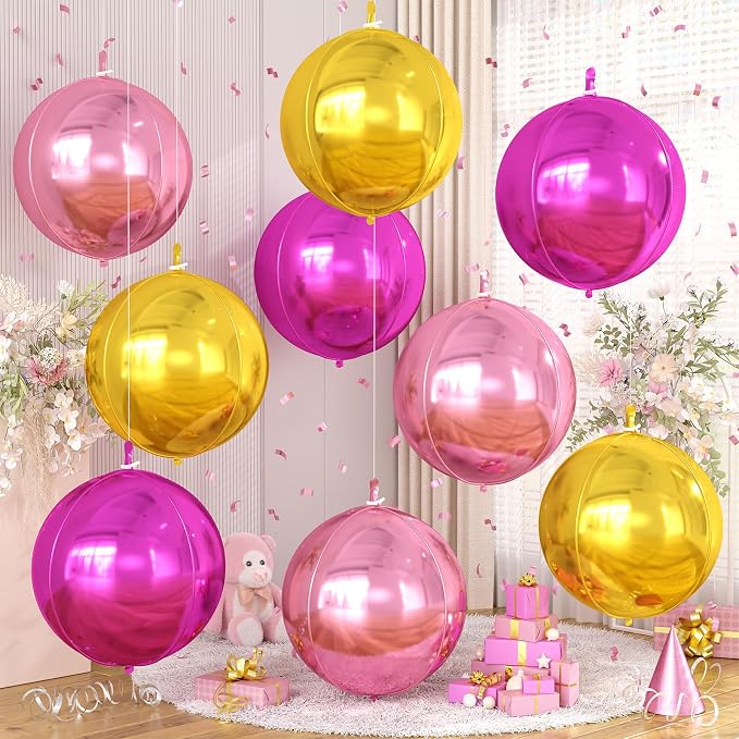 Pink Gold Round Foil Balloons 9 pcs, Metallic Giant 4D Round Balloons 22 Inch by Cledeco