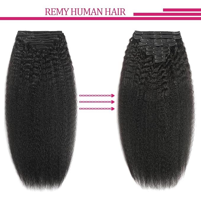 Kinky Straight Clip in Human Hair Extensions for Black Women 8Pcs 120g Seamless Kinky Straight Clip Ins 18Clips Double Weft Human Hair Full Head Hair Extensions (1B 22 Inch)
