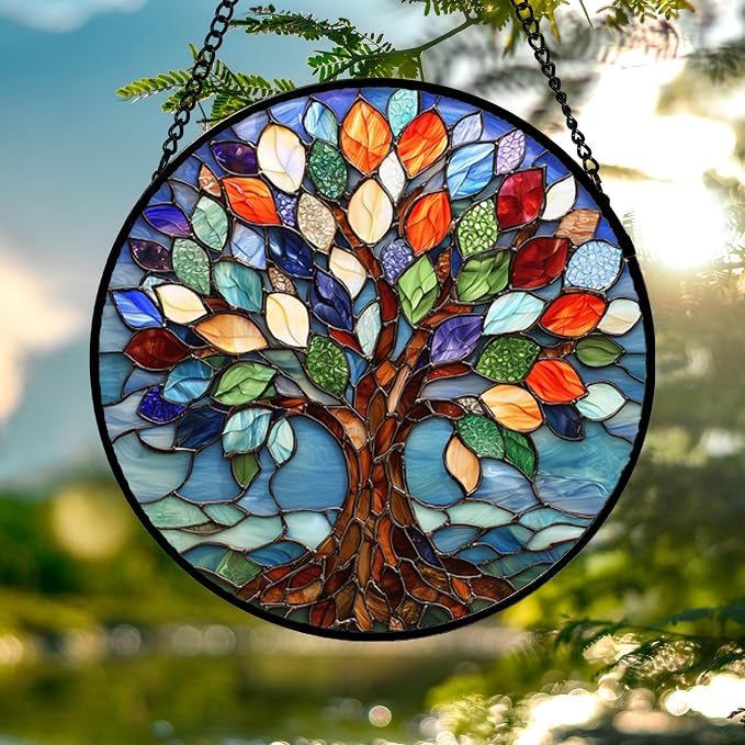 DASTOLL Stained Glass Window Hanging, Colorful Tree of Life Sun Catchers Glass - Image 4