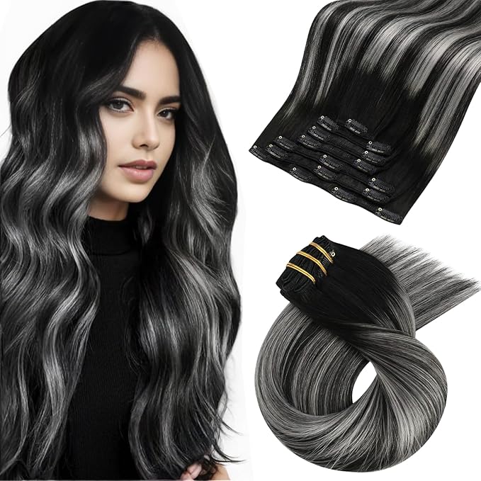 Moresoo Human Hair Clip in Extensions Balayage Black with Silver Double Weft Clip in Human Hair Extensions Balayage Black to Silver Grey Hair Extensions Clip ins Full Head 7pcs 120g 20inch