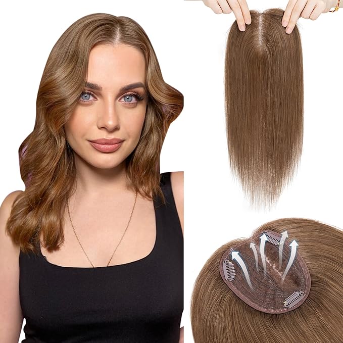 Hairro 100% Human Hair Topper No Bangs, Real Clip in Hair Hairpieces for Women, 3.94x4.72" Silk Base for Thinning Receding High Hairline, 12 Inch Mocha Brown Side Part