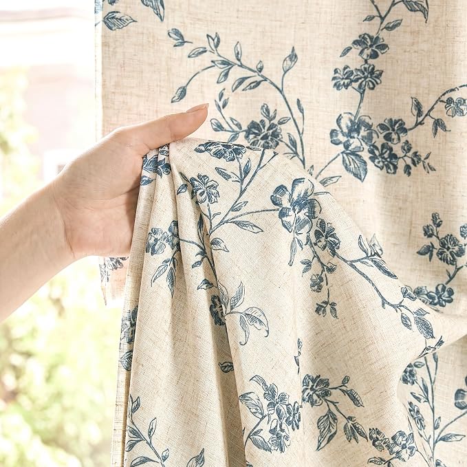 Blackout Vintage Floral Linen Curtains Blue on Beige 50×84 2 Panels | Elisa - Image 3