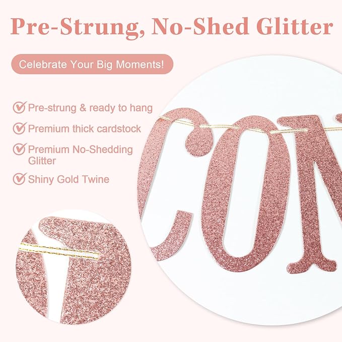 Congratulations Banner, Graduation Party Decor | Rose Gold Glitter Congrats Sign - Image 3
