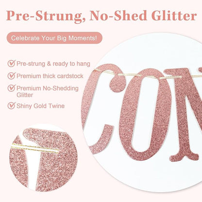 Congratulations Banner, Graduation Party Decor | Rose Gold Glitter Congrats Sign - Image 3