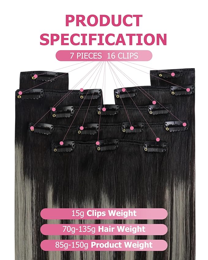 YoungSee 135G Balayage Hair Extensions Clip ins Black Silver Clip in Hair Extensions Human Hair Natural Black Mix Silver Balayage Clip on Hair Extension for Women 135G 18Inch 7Pcs