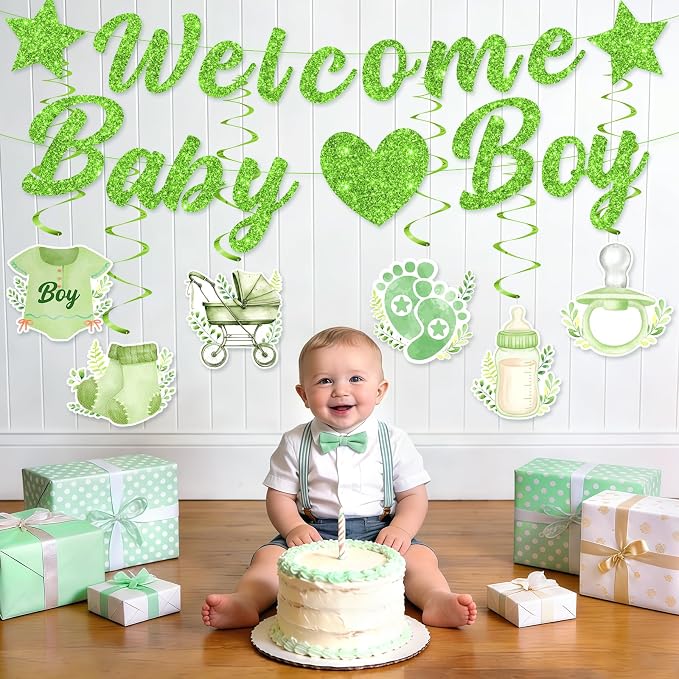 Green Baby Shower Decorations for Boys Glitter Greenery Welcome Baby Boy Banner - Image 6