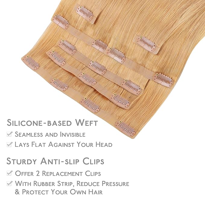 WENNALIFE Seamless Clip In Hair Extensions Human Hair, 16 Inch 130g 7pcs Strawberry Blonde Real Hair Extensions Clip in Human Hair Invisible PU Skin Weft Natural Remy Human Hair Extensions