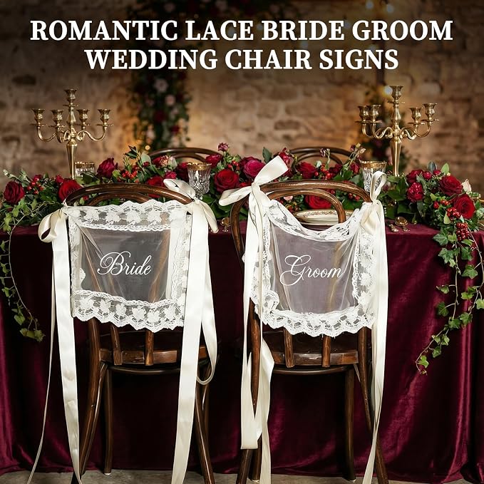 Bride & Groom Chair Signs for Wedding Sweetheart Table Decor Set of 2 | Sheer - Image 2