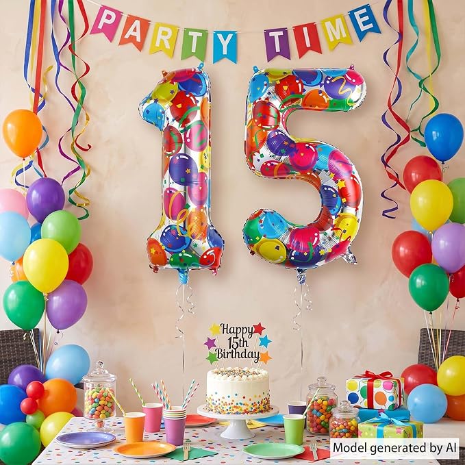 40 Inch Rainbow Balloon Number 15 Balloons, Foil 15th Birthday Party Decor | - Image 3