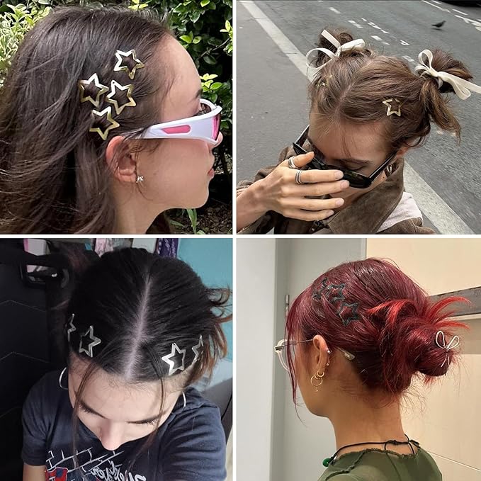 Star Hair Clips 2000s Y2K Black Gold Silver Star Hair Accessories Snap Hair Barrettes Non Slip Metal Hair Clips for Girls Women -30 PCS 1.18"