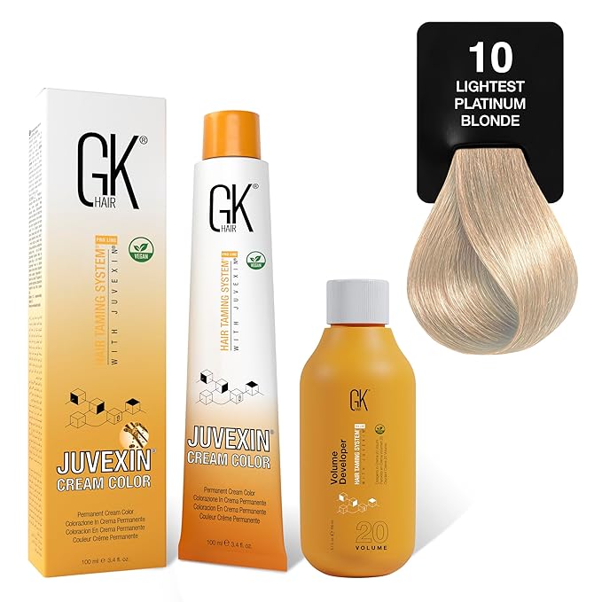 GK HAIR Global Keratin Natural 10 Lightest Platinum Blonde Hair Color Cream Tube (3.4 Fl Oz/100ml) + 20 Volume Developer (5 Fl Oz/150ml) - Professional Permanent Long Lasting Toner Dye