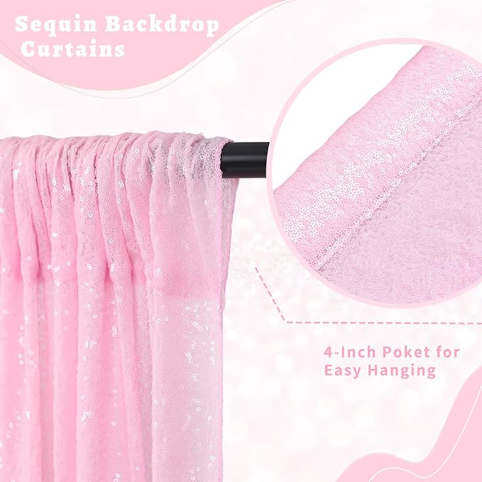 Pink Sequin Backdrop Curtains 4 Pcs 2ftx8ft Glitter Shimmer Fabric | Sparkly - Image 2