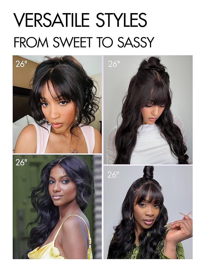 LUVME HAIR 7x6 HD Lace All-Day Comfort Wig with Bangs 200% Density Hair PartingMax Lace Wigs Loose Body Wave Lace Front Wigs Human Hair Pre Cut Plucked Lace Frontal Glueless 16 Inches
