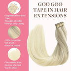 GOO GOO Tape in Hair Extensions Human Hair, 17/22/60 Ash Blonde to Golden Blonde and Platinum Blonde, 16inch 50g 20pcs, Skin Weft Seamless Invisible, Silky Straight with Thick Ends, Remy Human Hair
