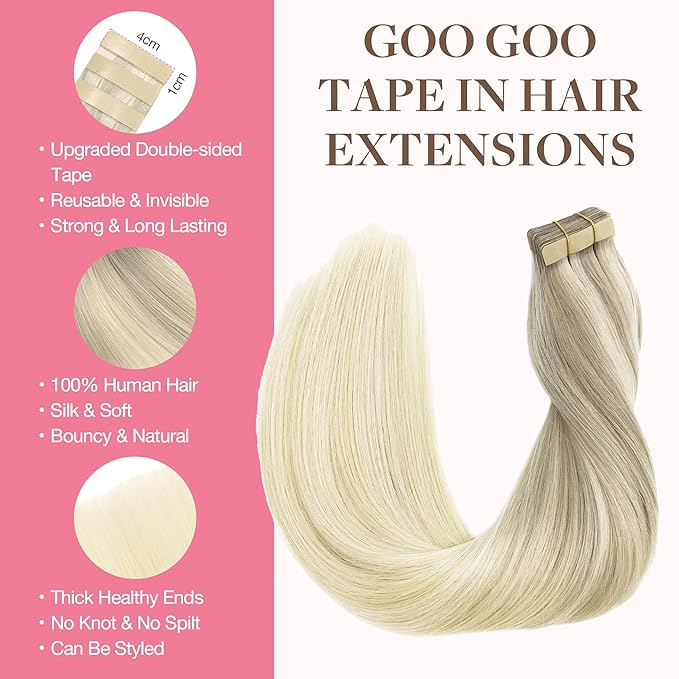 GOO GOO Tape in Hair Extensions Human Hair, 17/22/60 Ash Blonde to Golden Blonde and Platinum Blonde, 20inch 50g 20pcs, Skin Weft Seamless Invisible, Silky Straight with Thick Ends, Remy Human Hair