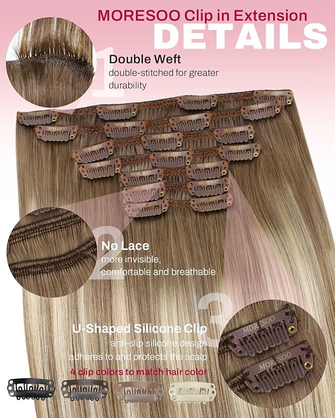 Moresoo Clip in Hair Extensions Real Human Hair Blonde Balayage Hair Extensions Real Human Hair Clip ins Ombre Light Brown Mixed with Golden Blonde Full Head 7pcs/150g 20inch