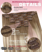 Moresoo Blonde Balayage Clip in Hair Extensions Light Brown to Medium Blonde Ombre Thick Hair Extensions Clip ins Long And Straight Real Human Hair Can Style for Wedding 150g/7pcs 24inch