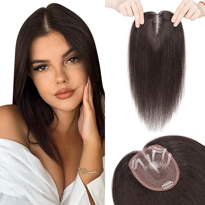 Hairro 100% Human Hair Topper No Bangs, Real Clip in Hair Hairpieces for Women, 3.94x4.72" Silk Base for Thinning Receding High Hairline, 12 Inch Natural Black Middle Part