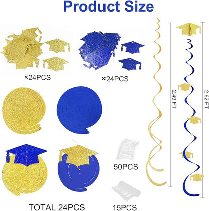 24Pcs Royal Blue Gold Graduation Grad Cap Hanging Felt Swirl Streamer Spiral - Image 2
