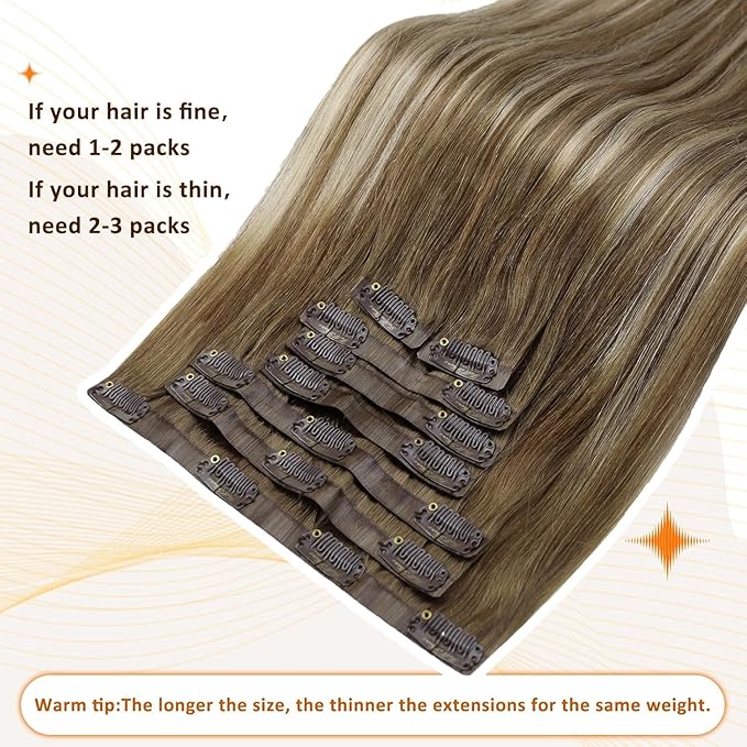 Full Shine Seamless Clip in Hair Extensions Human Hair Brown Balayage Hair Extensions Real Human Hair Brown with Blonde Highlights Softness 18 Inch 8 PCS 120 G