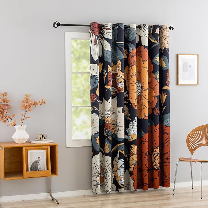 Tyrot Black Boho Floral Blackout Curtains - Image 8