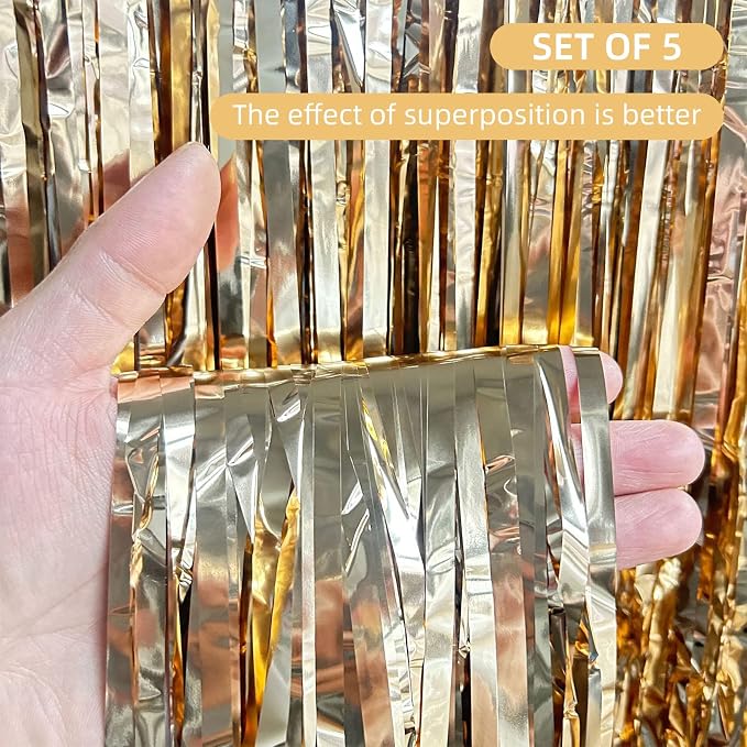 5 Pack Champagne Gold Fringe Curtains - Image 2
