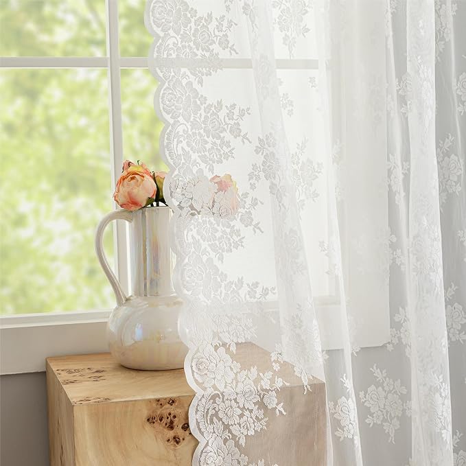 Kotile Ivory Lace Curtains for Living Room Rustic Floral 2 * 52x108 Inch | Rod - Image 6