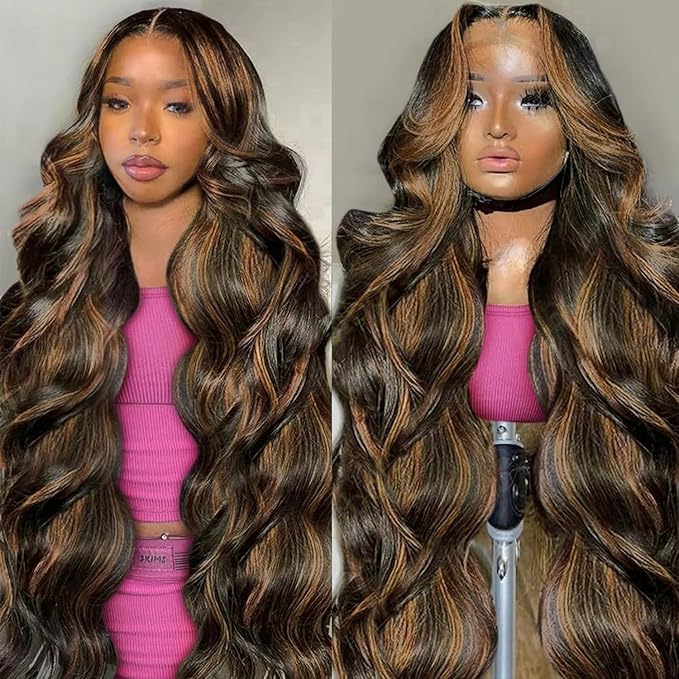 28 Inch Ombre Lace Front Wig Human Hair 1B/30 Highlight Body Wave Lace Front Wigs Human Hair Colored 13x4 Brown Wig 200 Density Balayage Glueless HD Lace Frontal Wigs