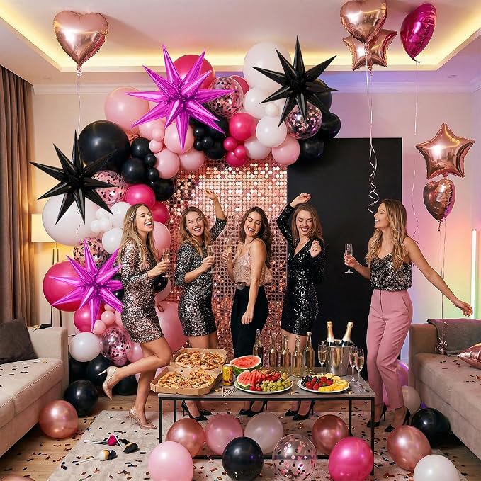 22/27 Inch Black Hot Pink Star Balloons, Cone Spike Balloon, Aluminum Foil - Image 5